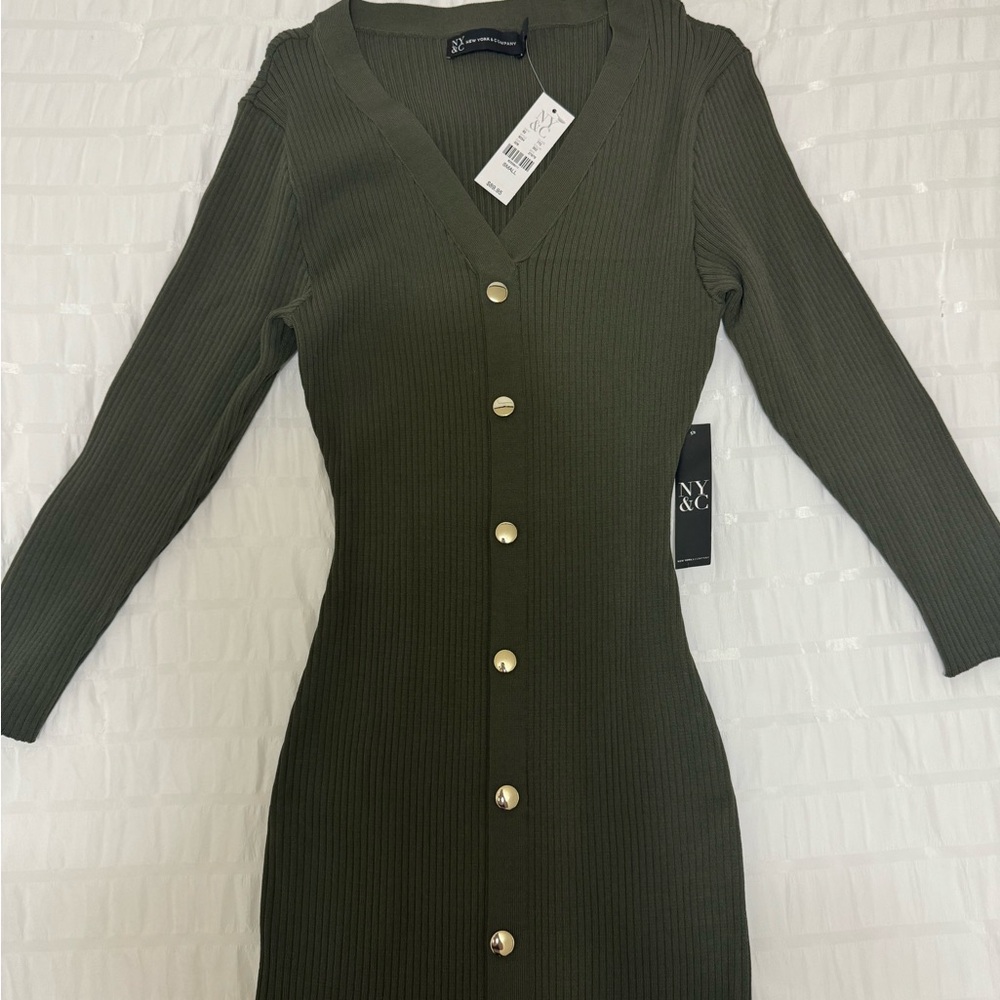 New York & Company Olive Long Sleeve Ribbed Dress